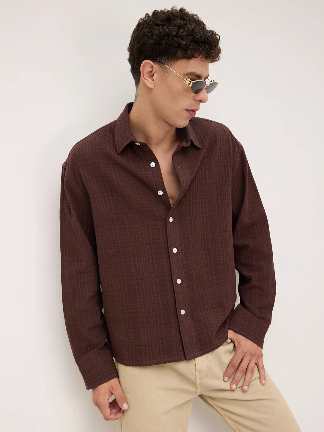 Brunette Brown Double Cloth Gauze Textured Boxy Fit Crop Shirt