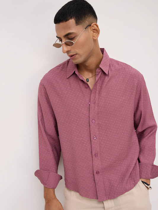 Rosewood Pink Dot Textured Boxy Fit Crop Shirt