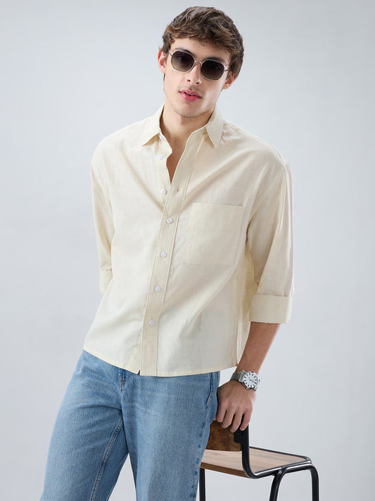 Luxe Off-White Fine Sheer Linen Blend Boxy Fit Crop Shirt