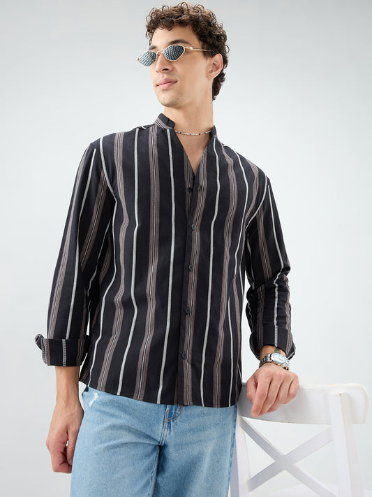 Black & Grey Striped Stand Collar Oversized Shirt