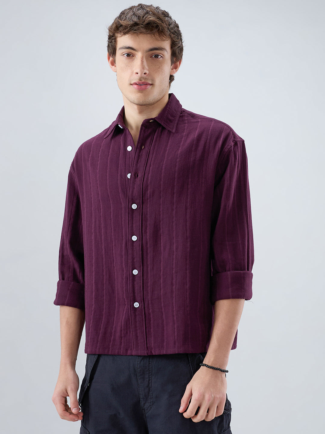 Elegant Wine Double Cloth Seersucker Striped Boxy Fit Crop Shirt