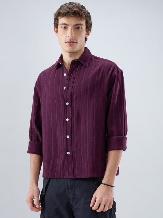 Elegant Wine Double Cloth Seersucker Striped Boxy Fit Crop Shirt