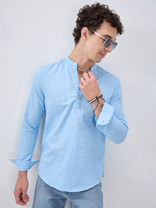Baby Blue Ladder Striped Subtle Textured Kurta