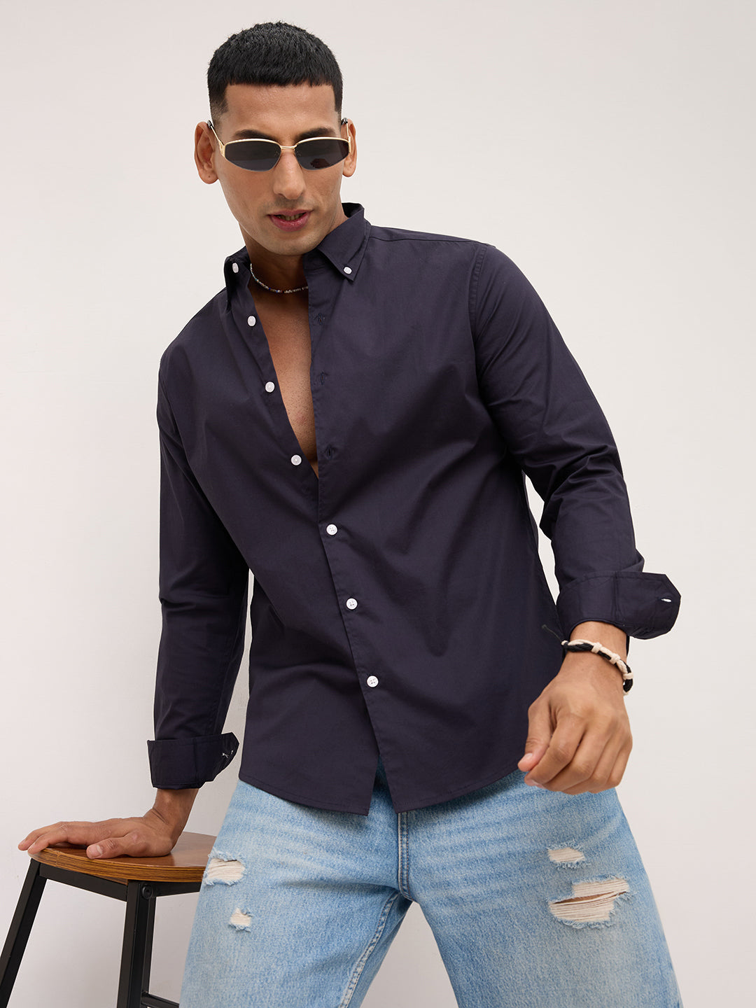 Navy Button-Down Collar Business Shirt