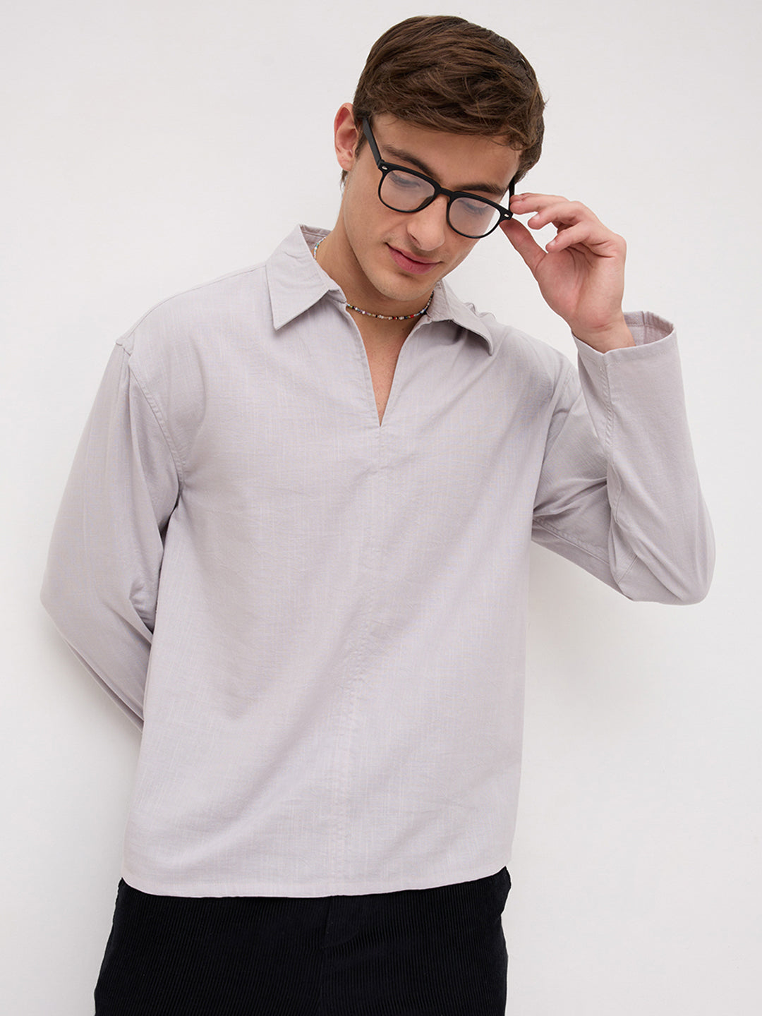 Grey Slub Textured Center Seam Oversized Polo Shirt