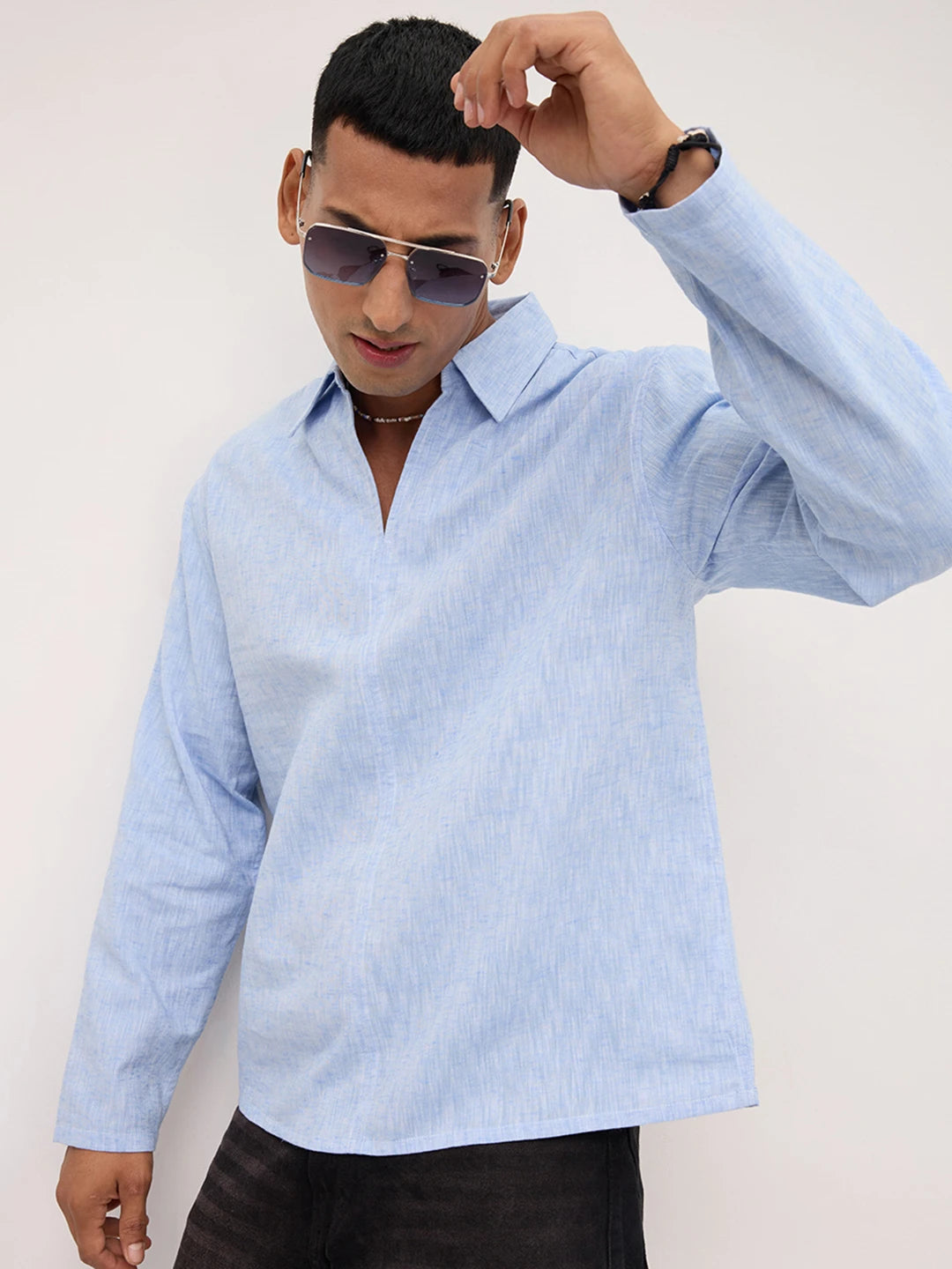 Soft Blue Textured Center Seam Oversized Polo Shirt
