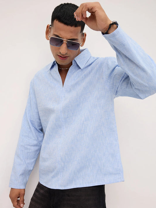 Soft Blue Textured Center Seam Oversized Polo Shirt