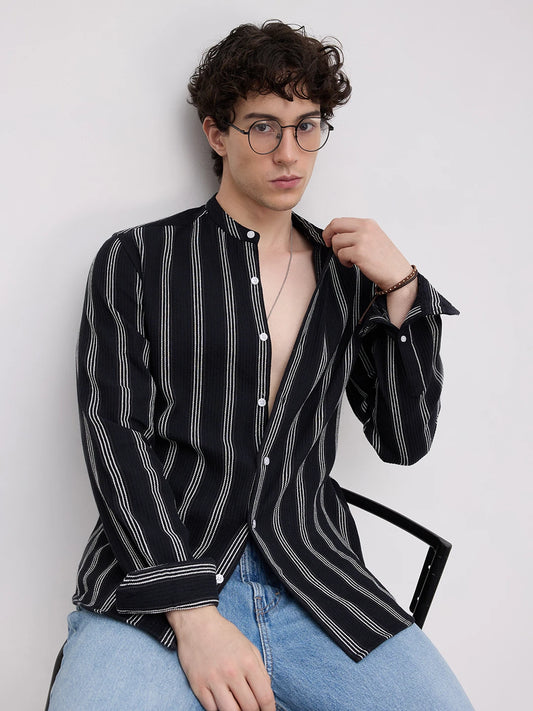 Black & White Vertical Striped Mandarin Shirt