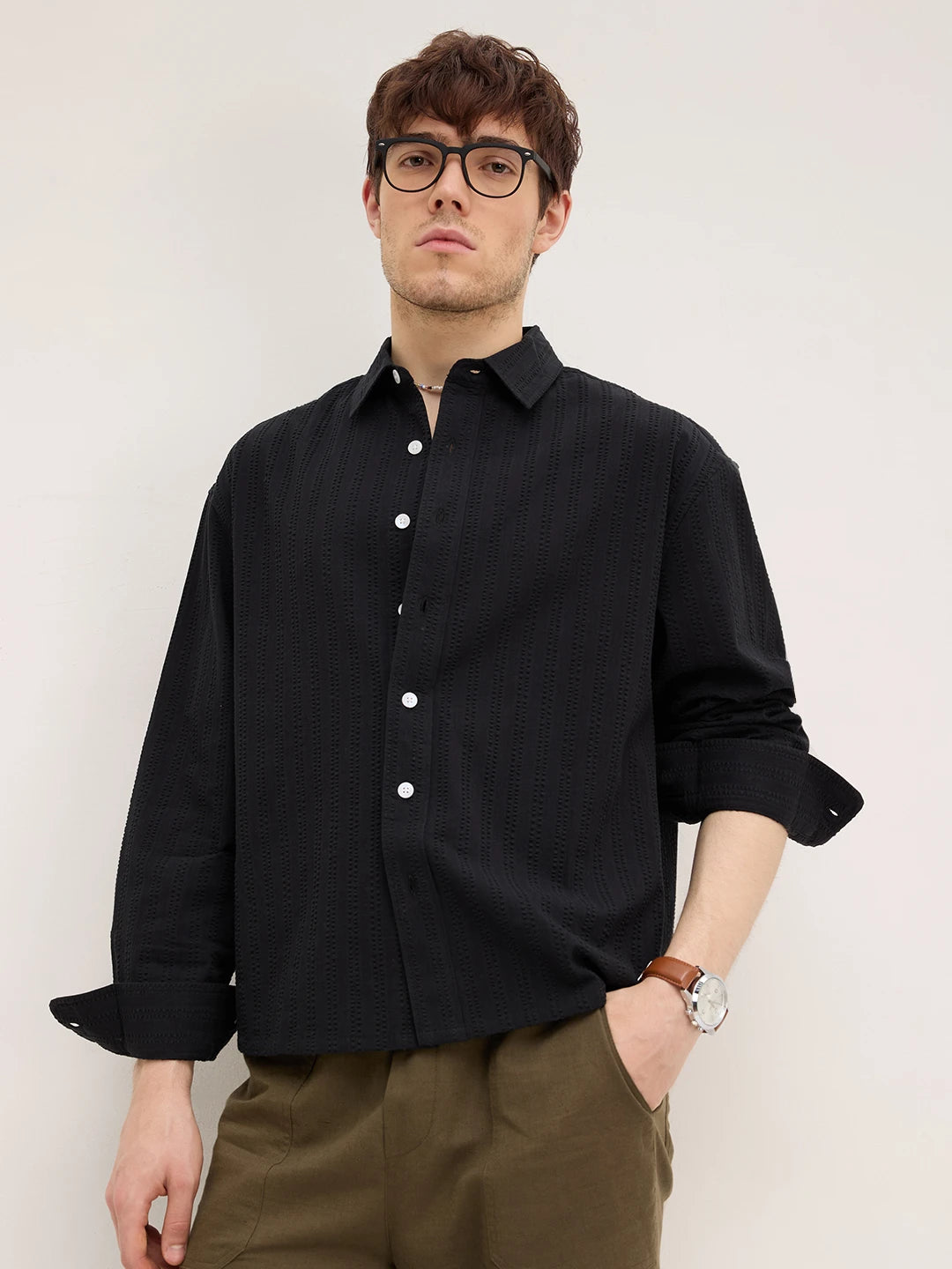 Elegant Black Seersucker Striped Boxy Fit Crop Shirt