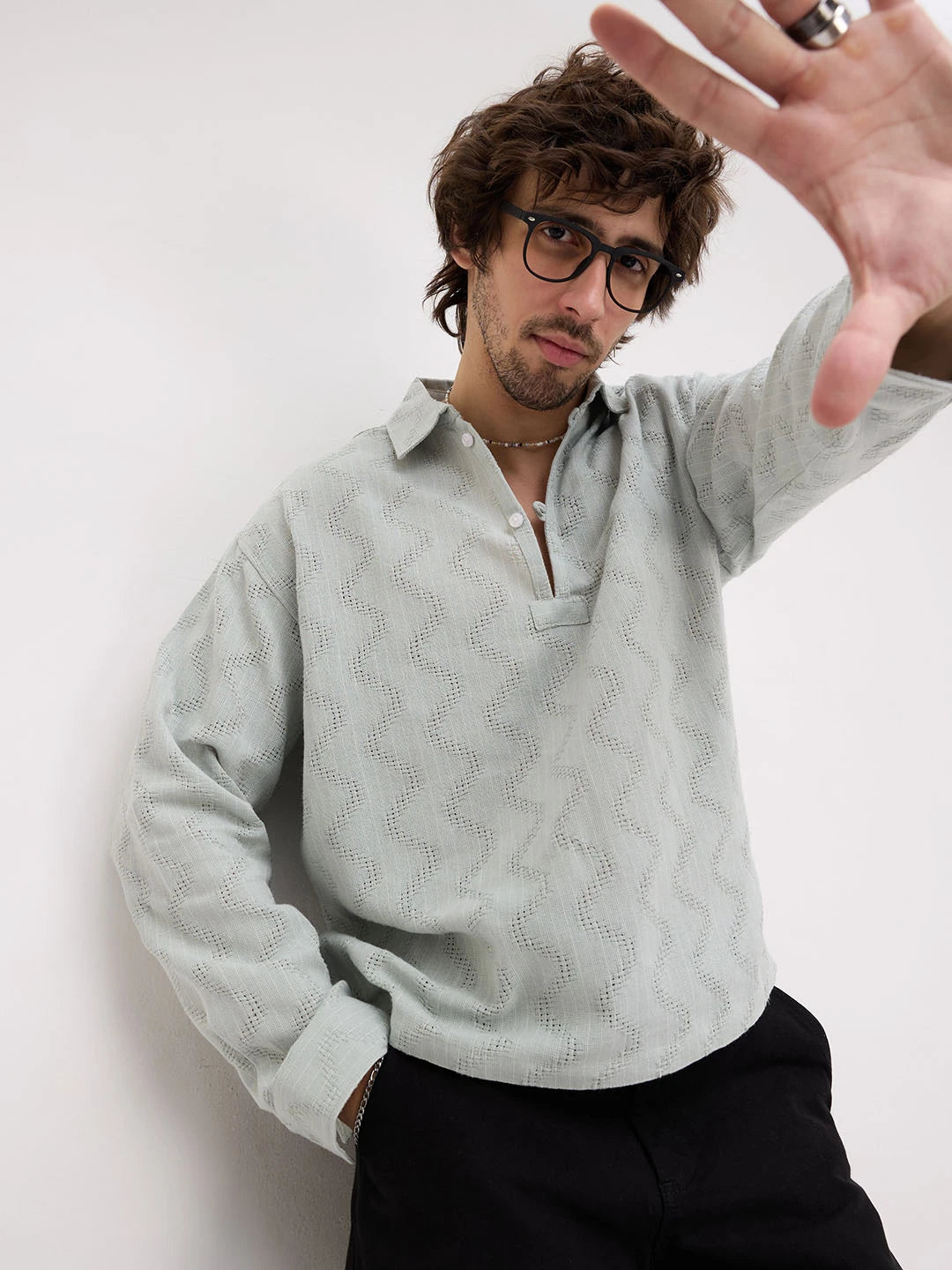 Tea Green Intricate Crossweave Jacquard Loop Button Oversized Shirt