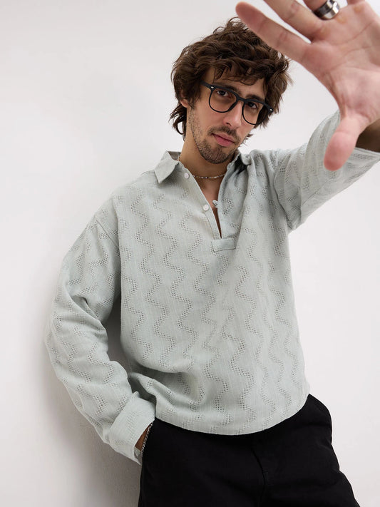 Tea Green Intricate Crossweave Jacquard Loop Button Oversized Shirt
