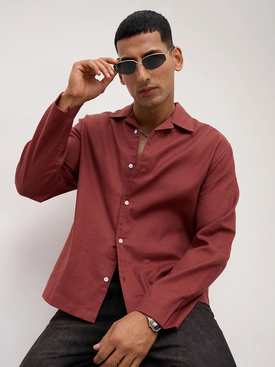 Rust Fine Sheer Slub Textured Oversized Resort Collar Shirt