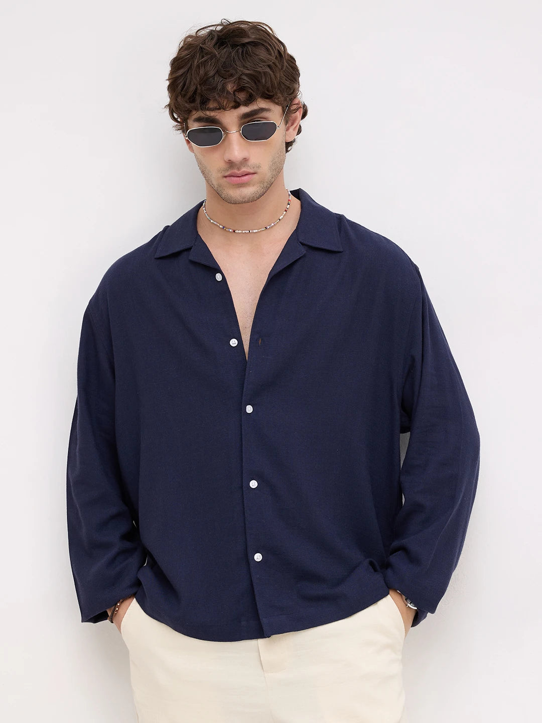Luxe Navy Fine Textured Linen Blend Notch Collar Oversized Shirt