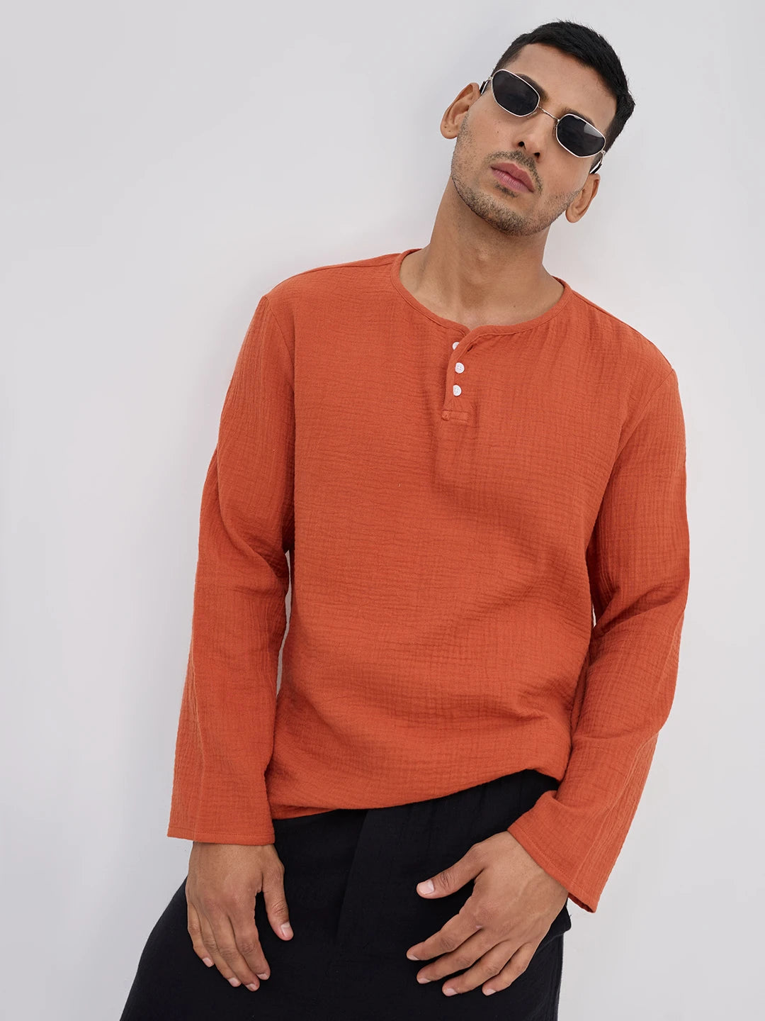 Soft Rust Double Cloth Henley Neck Oversized Shirt
