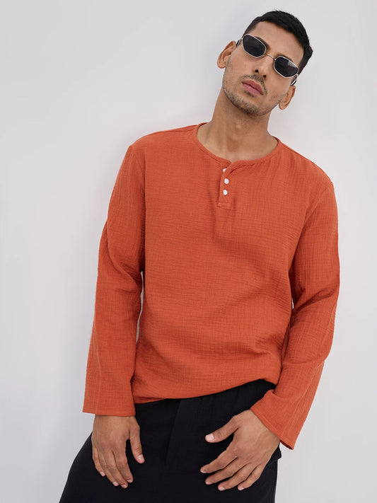 Soft Rust Double Cloth Henley Neck Oversized Shirt