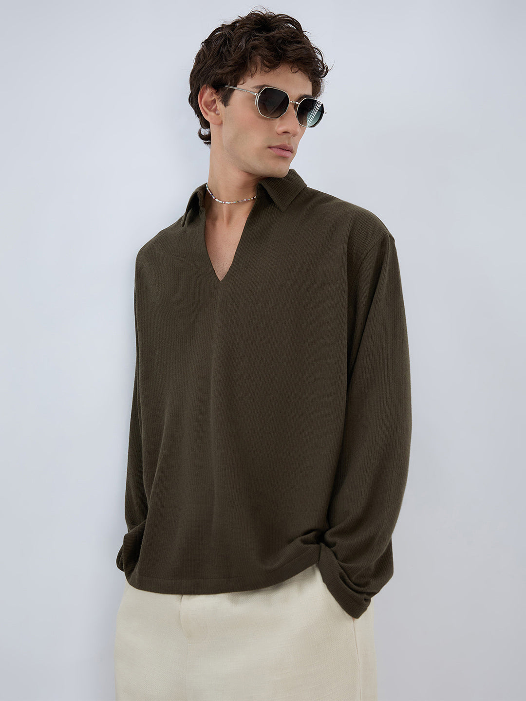Mignonette Green Micro Weave Knitted Oversized Polo Shirt