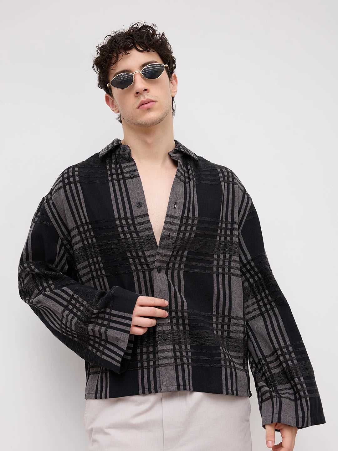 Grey & Black Raised Plaid Checks Cuffless Oversized Crop Shirt