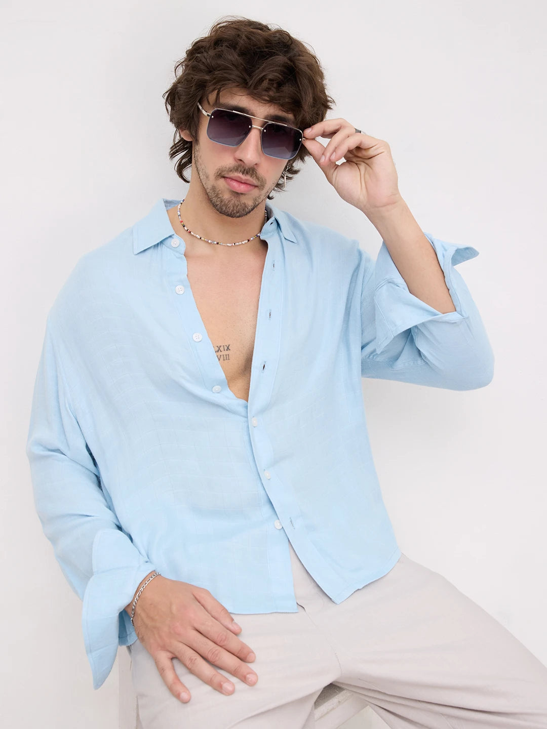 Plush Artic Blue Airloom Double Cloth Boxy Fit Crop Shirt