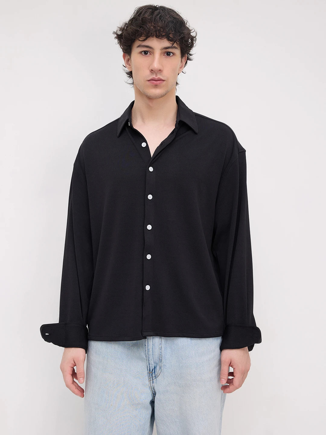 Rich Black Fine Textured Knitted Boxy Fit Crop Shirt