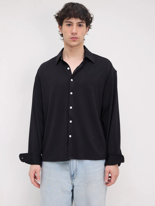 Rich Black Fine Textured Knitted Boxy Fit Crop Shirt