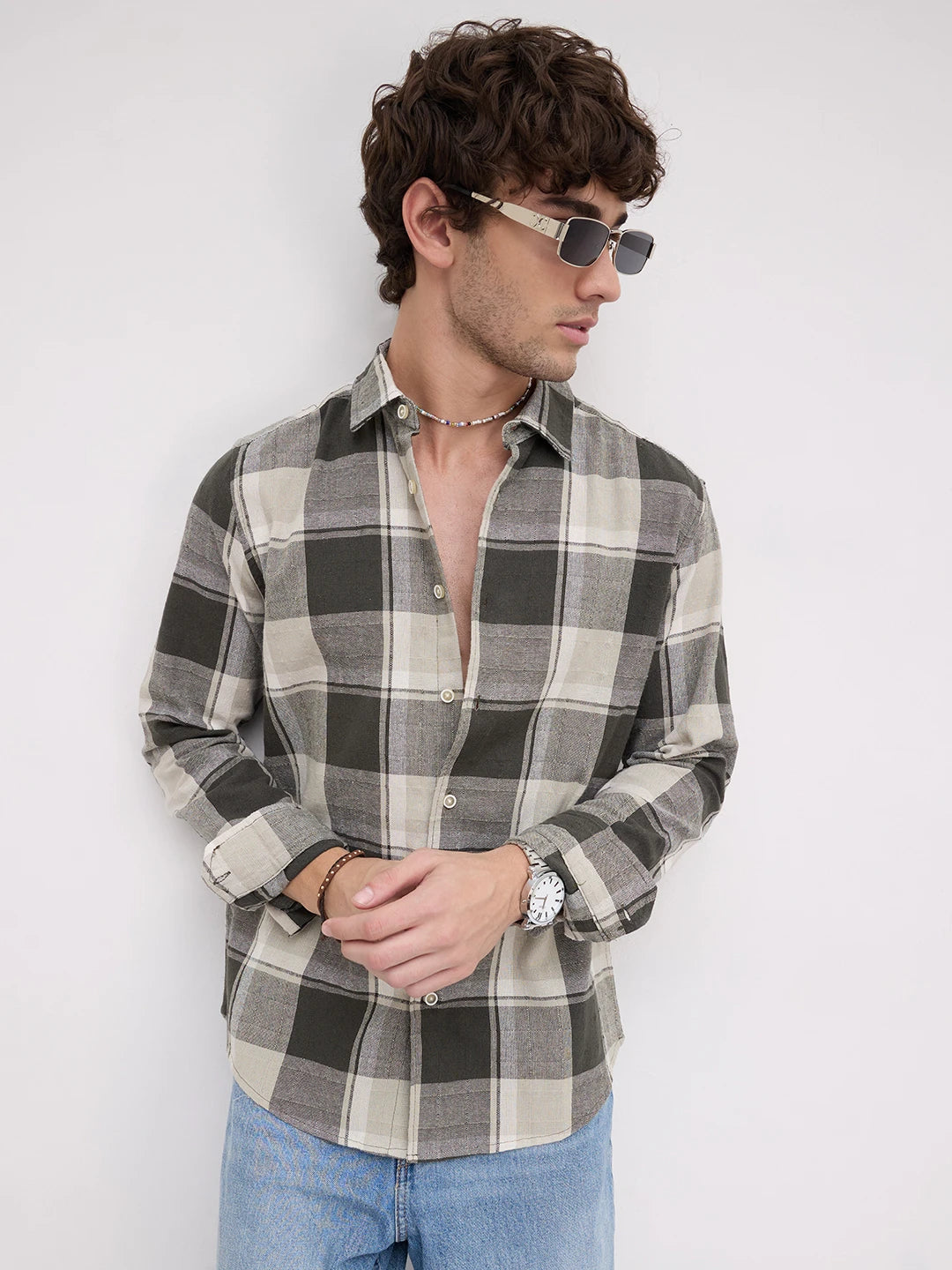 Dark Army Green Windowpane Checks Shirt