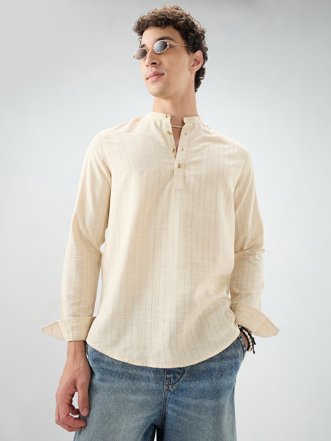 Soft Beige Ladder Striped Evening Kurta