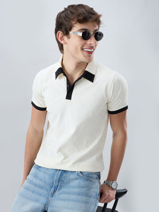 Chalk-White Chevron Contrast Polo Neck Knit T-shirt