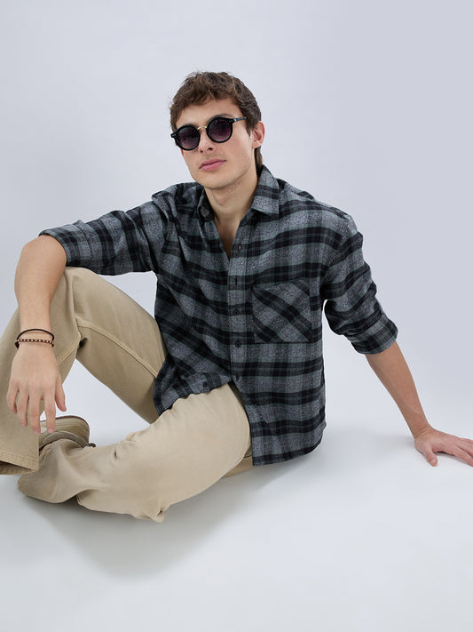 Olive & Black Multicolor Boxy Fit Crop Shirt