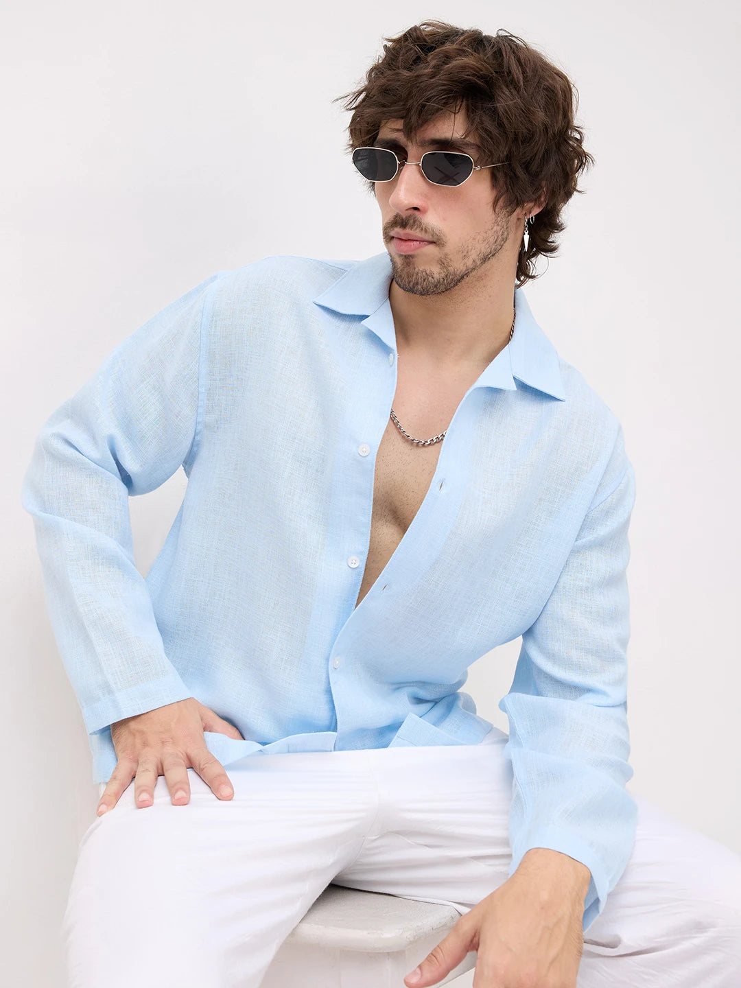 Iceberg Blue Sheer Textured Notch Collar Oversized Vacation Shirt