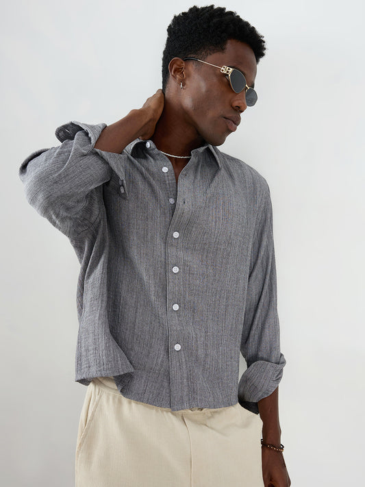 Grey Textured Boxy Fit Crop Shirt