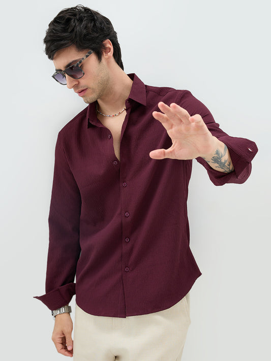 Deep Wine Minimal Weave Crinkled Shirt