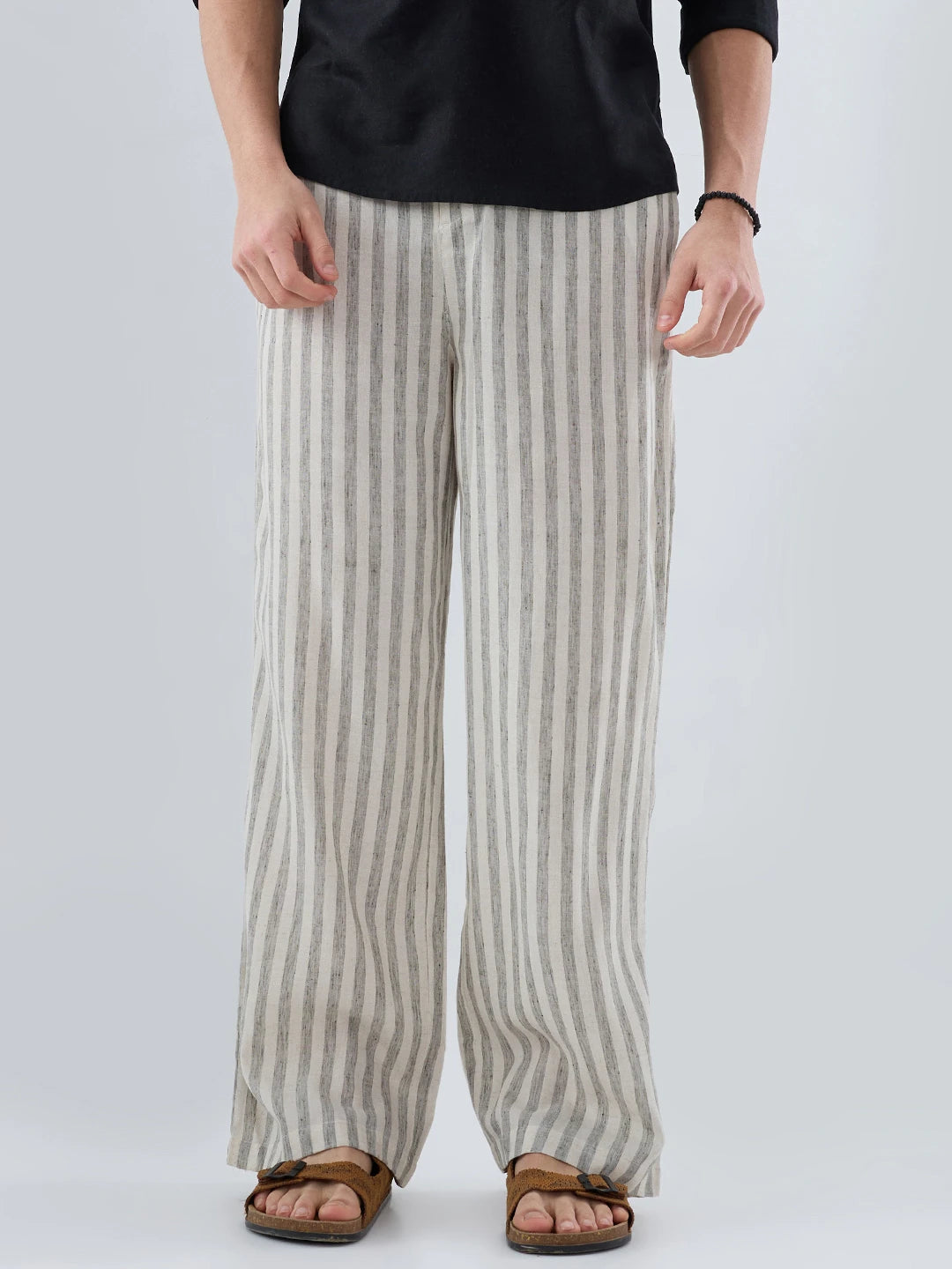 Olive & Ivory Striped Linen Blend Wide Leg Trousers