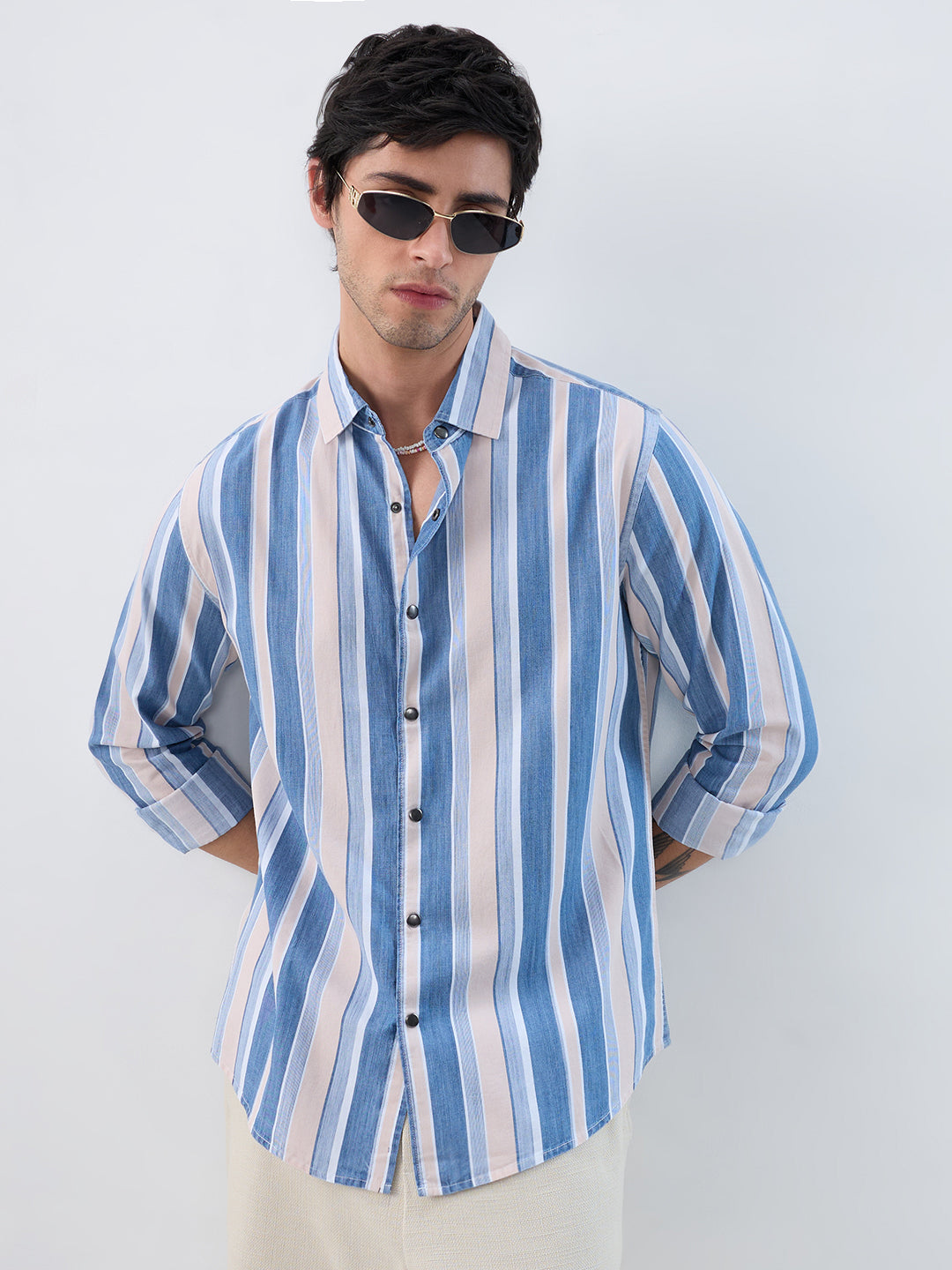 Denim Blue & Peach Broad Striped Shirt
