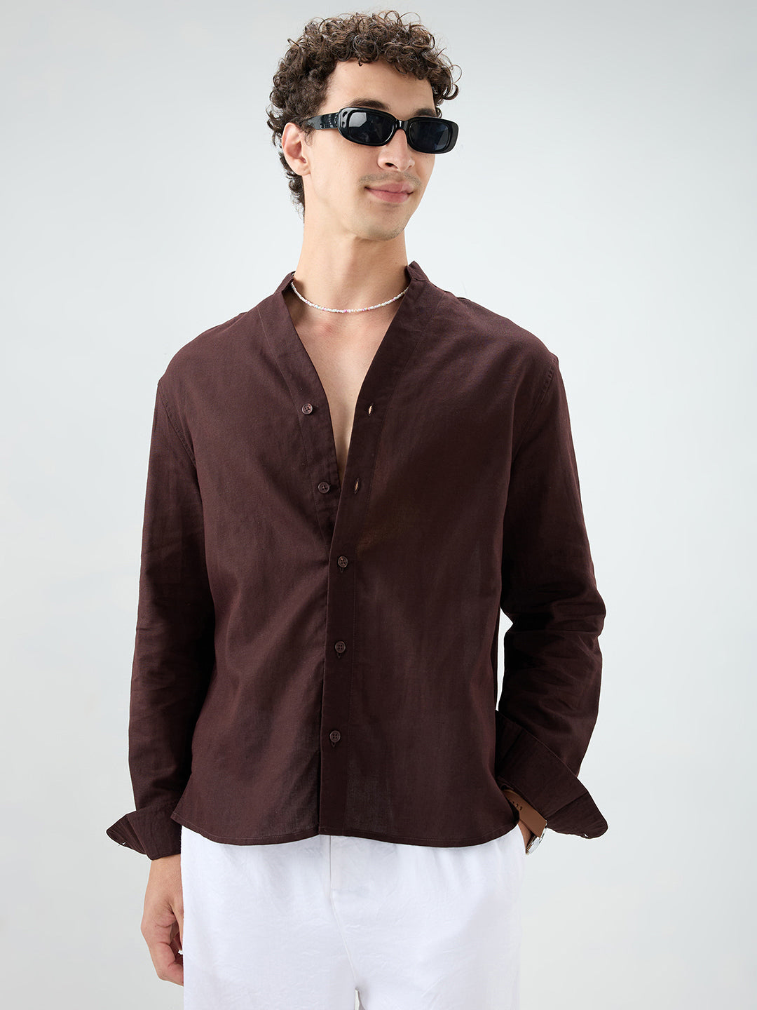 Espresso Brown Linen Blend Stand Collar Oversized Shirt