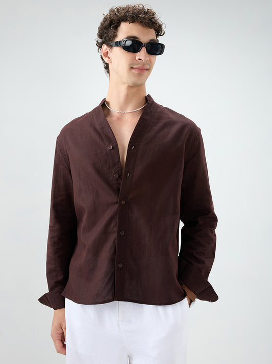 Espresso Brown Linen Blend Stand Collar Oversized Shirt