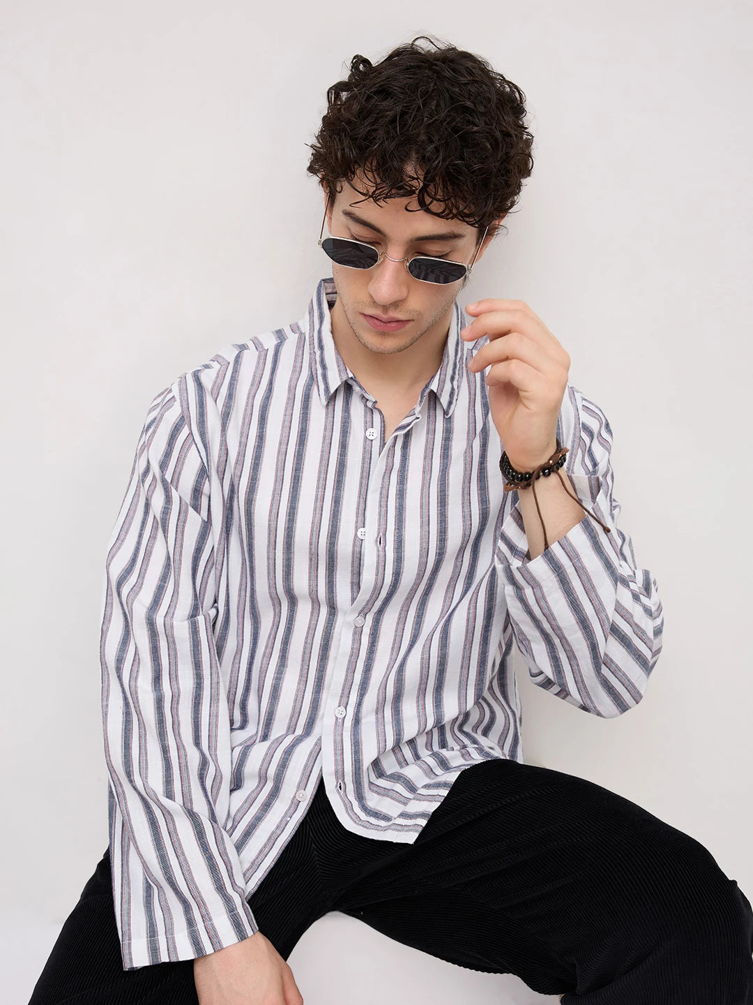 White & Navy Multistriped Cuffless Oversized Shirt