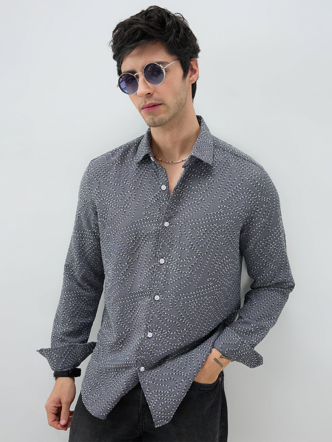Ornate Charcoal Grey Ornamental Raised Stitch Shirt
