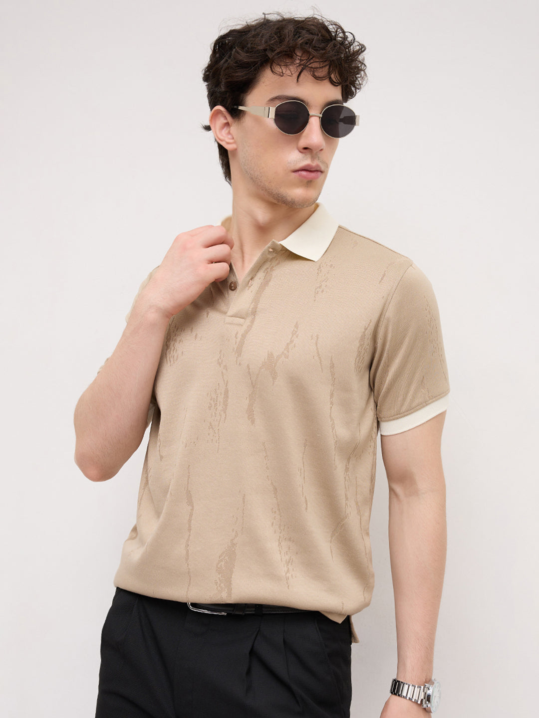 Intricate Beige Textured Contrast Polo Knit T-Shirt