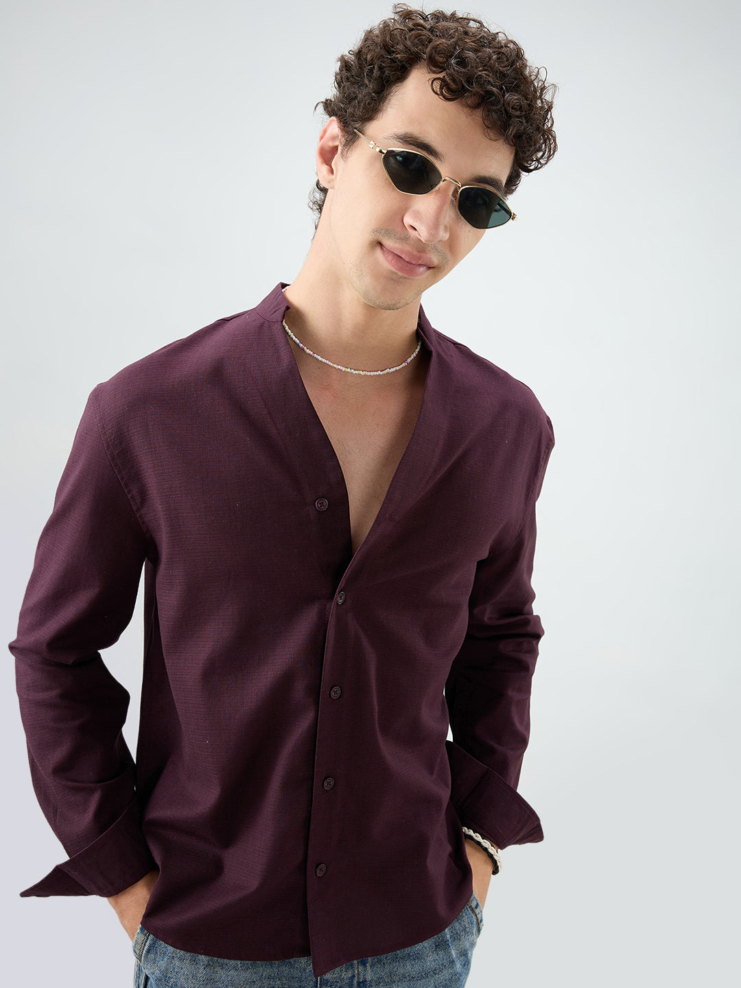 Maroon Fine Weave Oversized Stand Collar Shirt