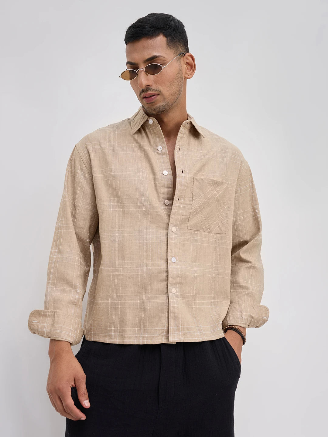 Sand Beige Windowpane Check Boxy Fit Crop Shirt