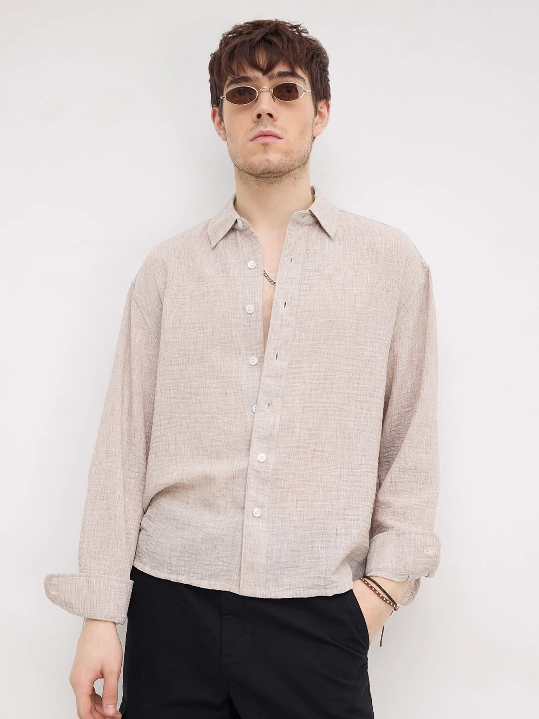 Tan Beige Fine Textured Boxy Fit Crop Shirt