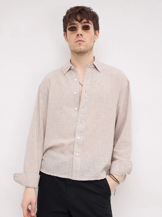 Tan Beige Fine Textured Boxy Fit Crop Shirt