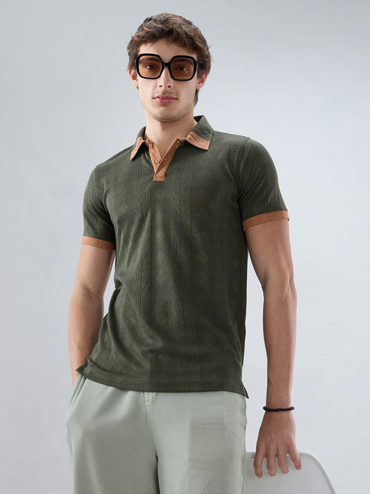 Olive Contrast Polo Neck Knit T-shirt