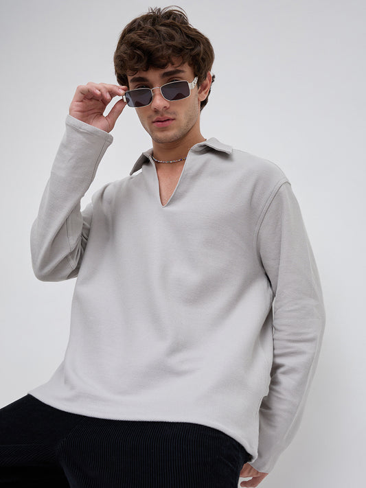 Grey Honeycomb Textured Knitted Oversized Polo Shirt
