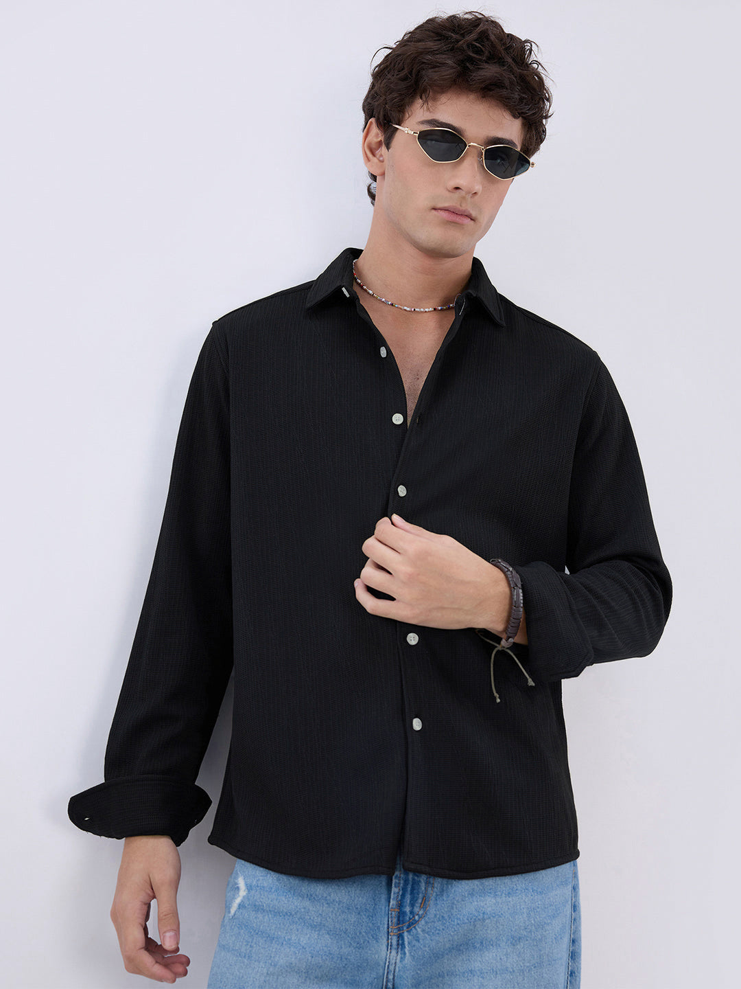 Jet Black Matrix Weave Knitted Shirt