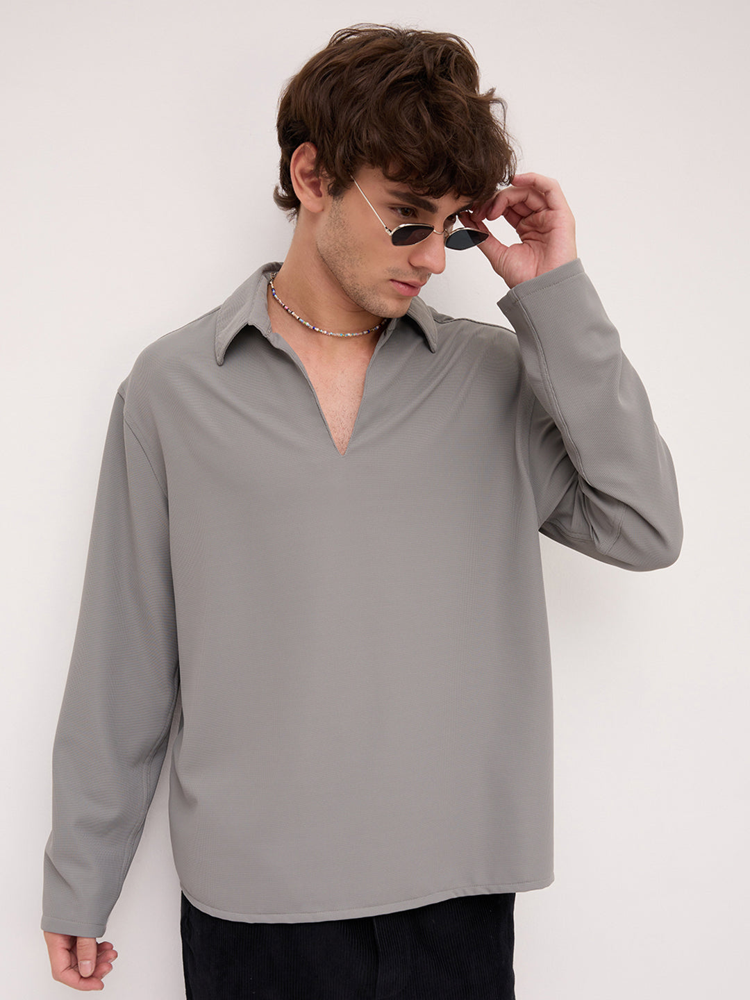 Spanish Grey Oversized Polo Tencel Knit Shirt
