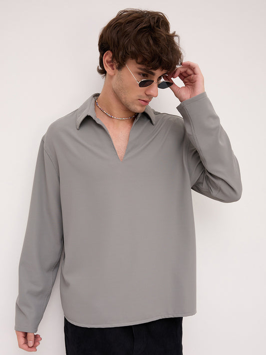 Spanish Grey Oversized Polo Tencel Knit Shirt