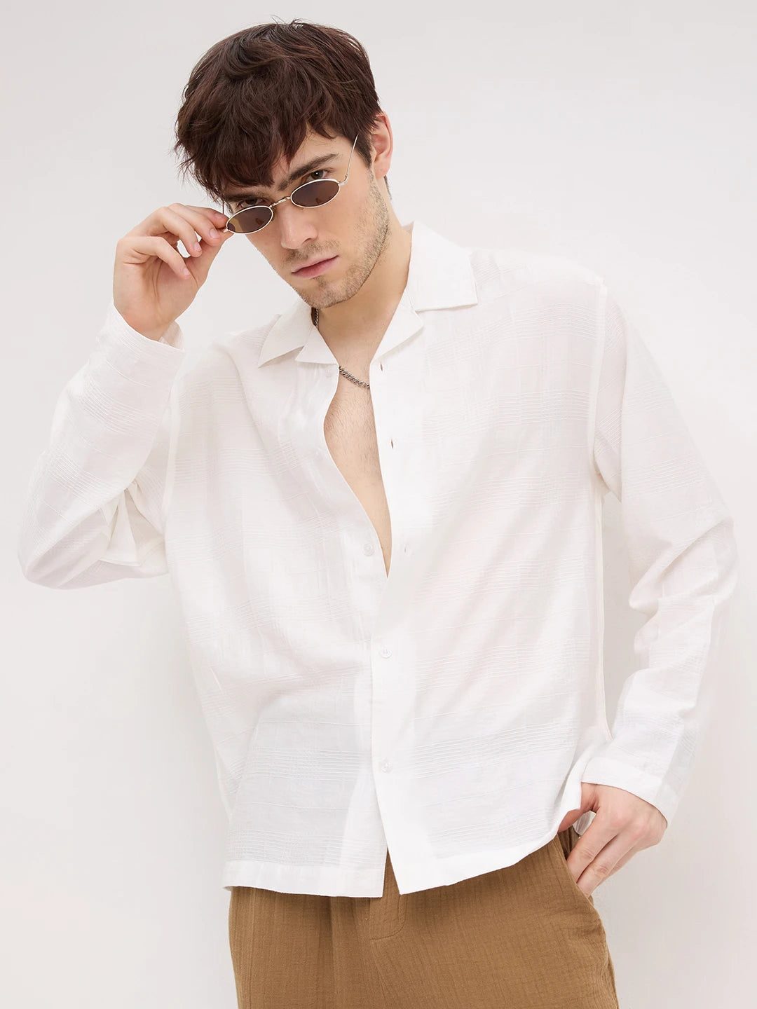 Artisan Pearl White Plaid Textured Notch Collar Oversized Shirt