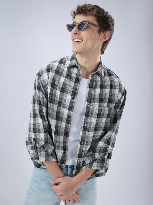 Black & White Textured Interweave Boxy Fit Crop Shirt