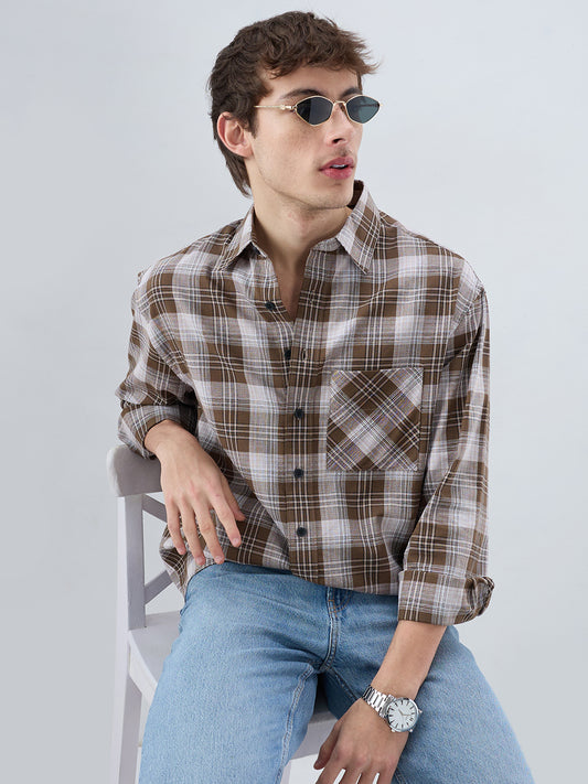 Deep Brown & White Plaid Checks Boxy Fit Crop Shirt